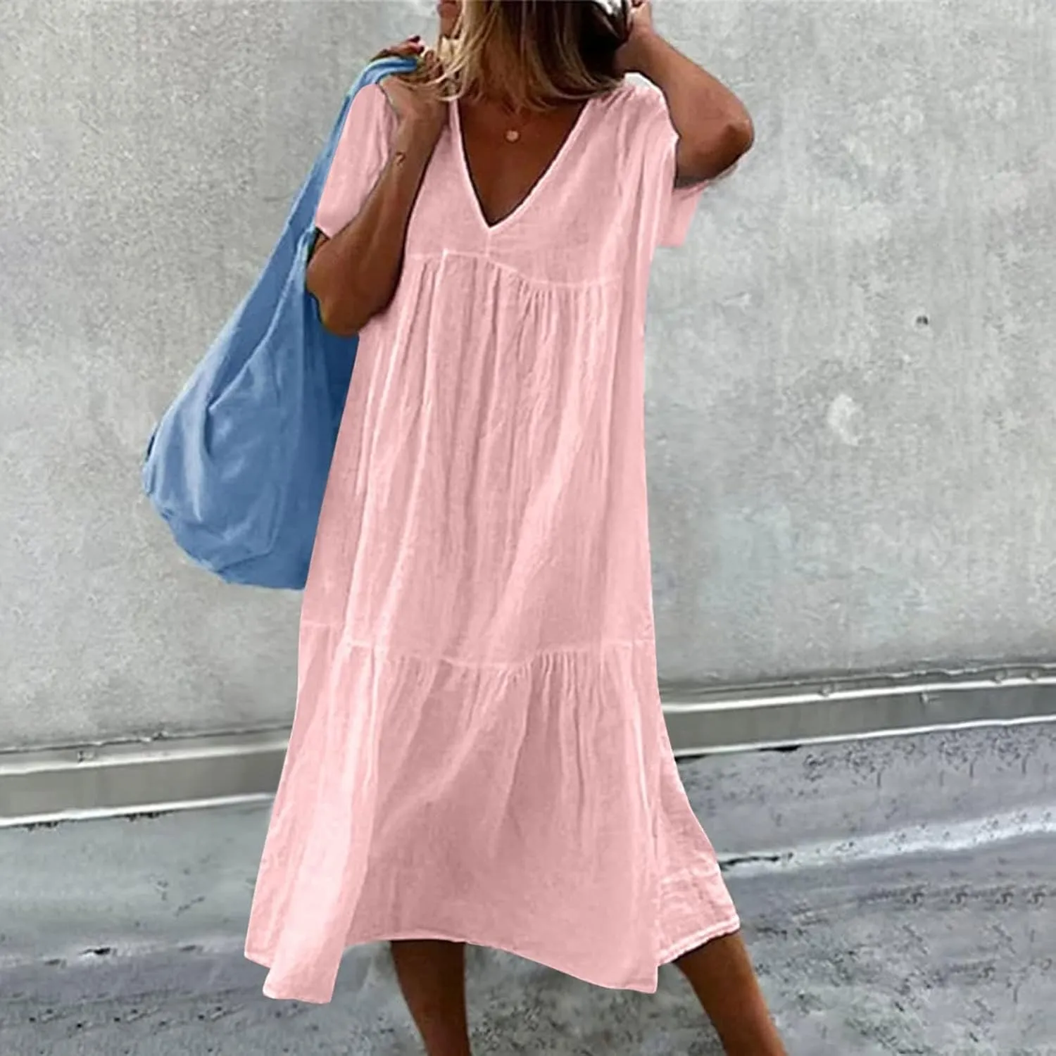 Women's Casual Dresses Vintage Petite Short Sleeve Deep V Neck Tiered Midi Linen Dress Evening Party Spring Hawaii Outfits