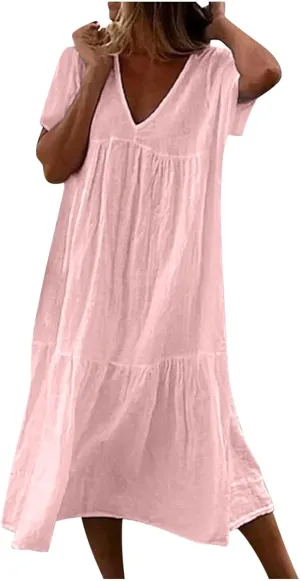 Women's Casual Dresses Vintage Petite Short Sleeve Deep V Neck Tiered Midi Linen Dress Evening Party Spring Hawaii Outfits