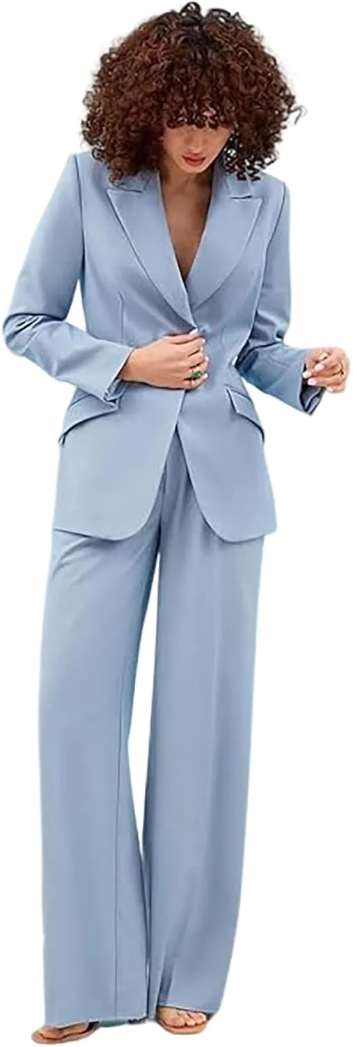 Women's Casual Suit 2 Piece Peak Lapel Blazer Wide Leg Pants Tailored Business Tuxedo