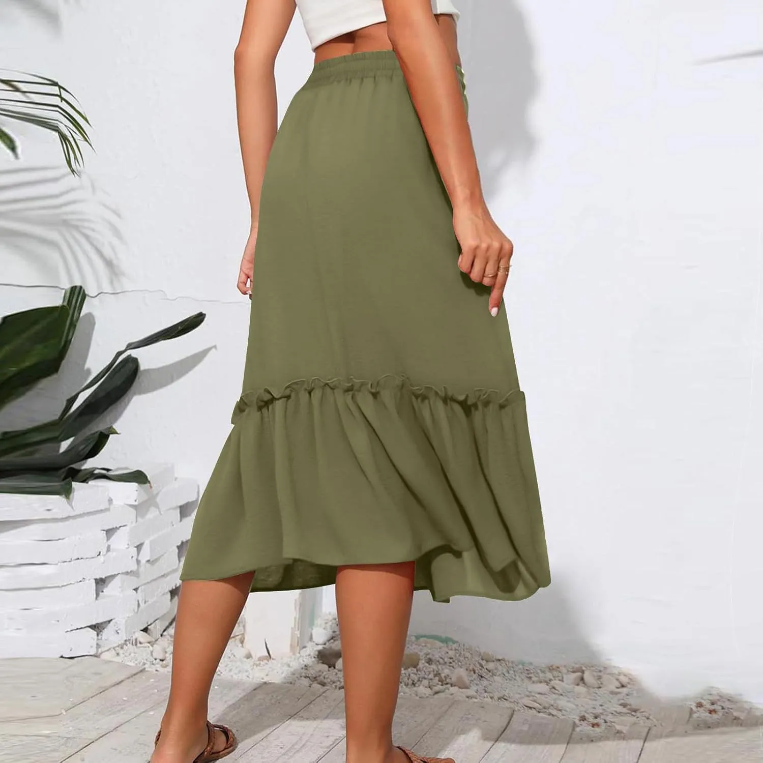 Womens Causal Ruffle Summer Beach Midi Skirts Trendy Elastic High Waisted Flowy A-Line Boho Long Skirt with Pockets