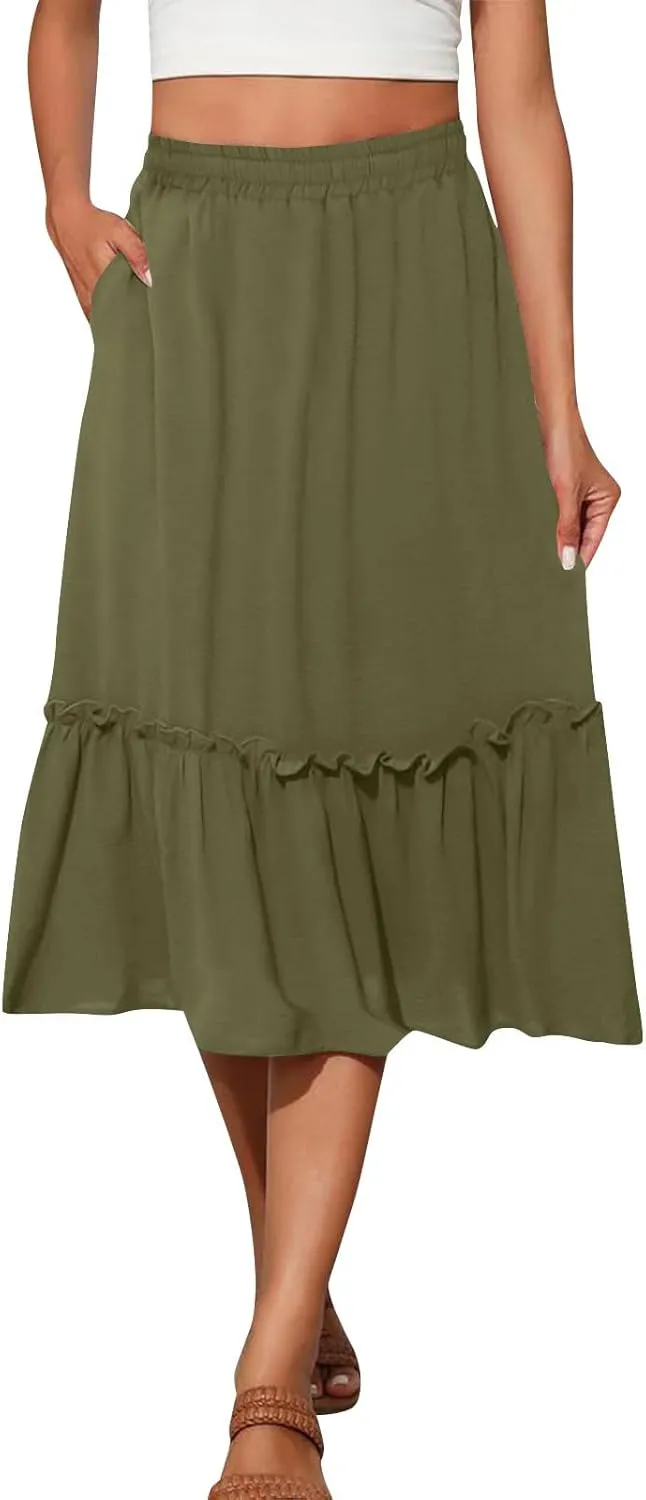 Womens Causal Ruffle Summer Beach Midi Skirts Trendy Elastic High Waisted Flowy A-Line Boho Long Skirt with Pockets