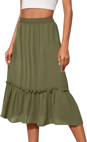 Womens Causal Ruffle Summer Beach Midi Skirts Trendy Elastic High Waisted Flowy A-Line Boho Long Skirt with Pockets
