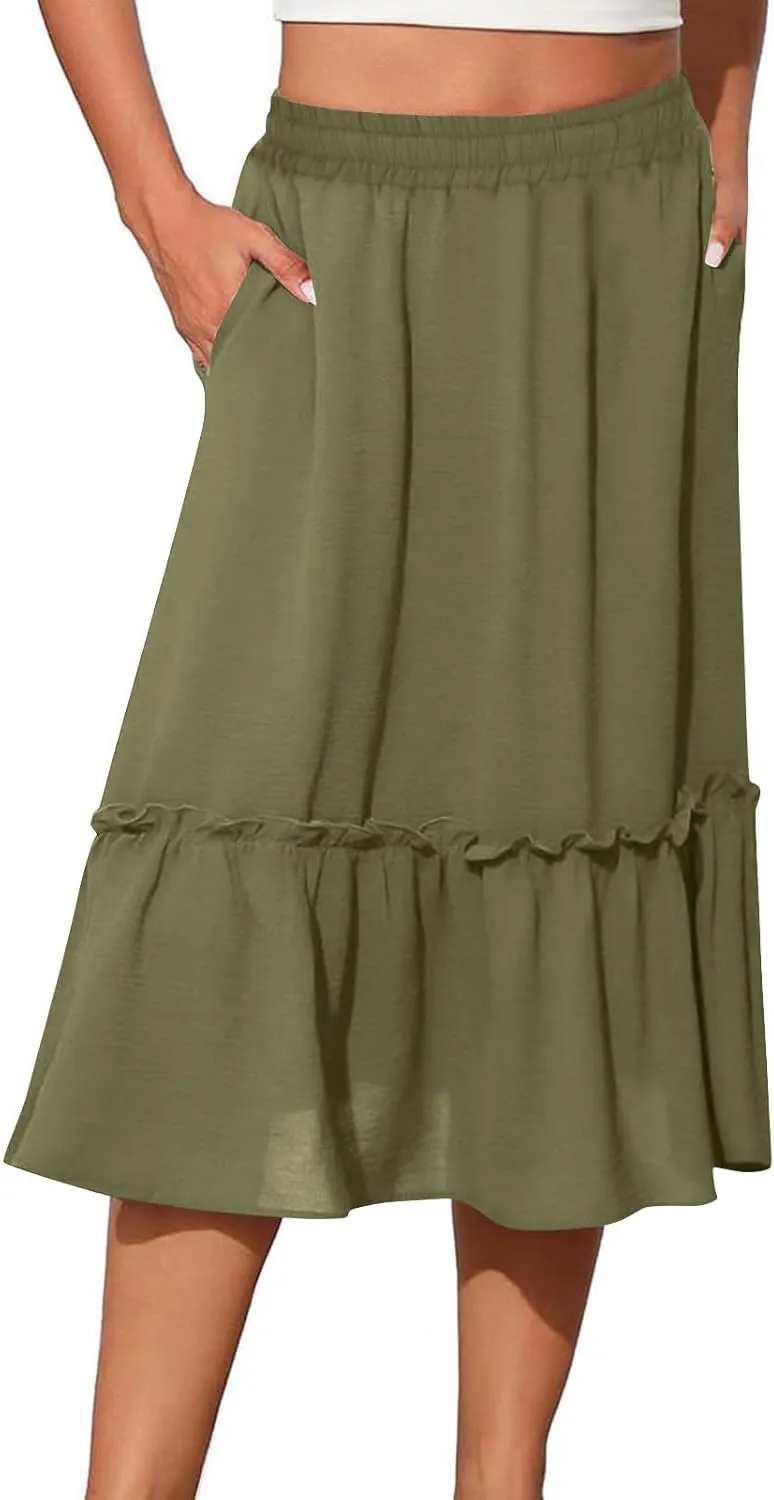 Womens Causal Ruffle Summer Beach Midi Skirts Trendy Elastic High Waisted Flowy A-Line Boho Long Skirt with Pockets