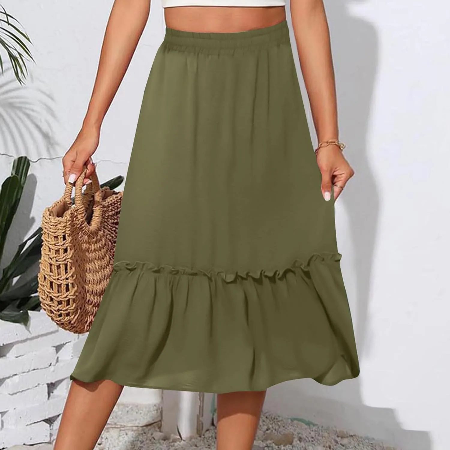 Womens Causal Ruffle Summer Beach Midi Skirts Trendy Elastic High Waisted Flowy A-Line Boho Long Skirt with Pockets