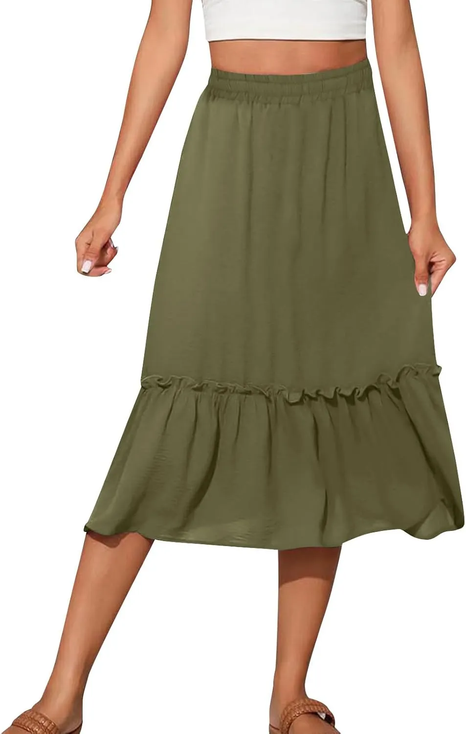 Womens Causal Ruffle Summer Beach Midi Skirts Trendy Elastic High Waisted Flowy A-Line Boho Long Skirt with Pockets