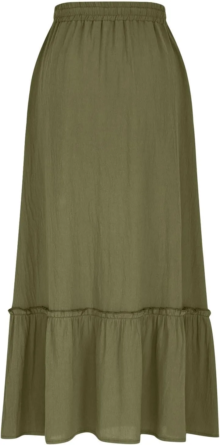 Womens Causal Ruffle Summer Beach Midi Skirts Trendy Elastic High Waisted Flowy A-Line Boho Long Skirt with Pockets