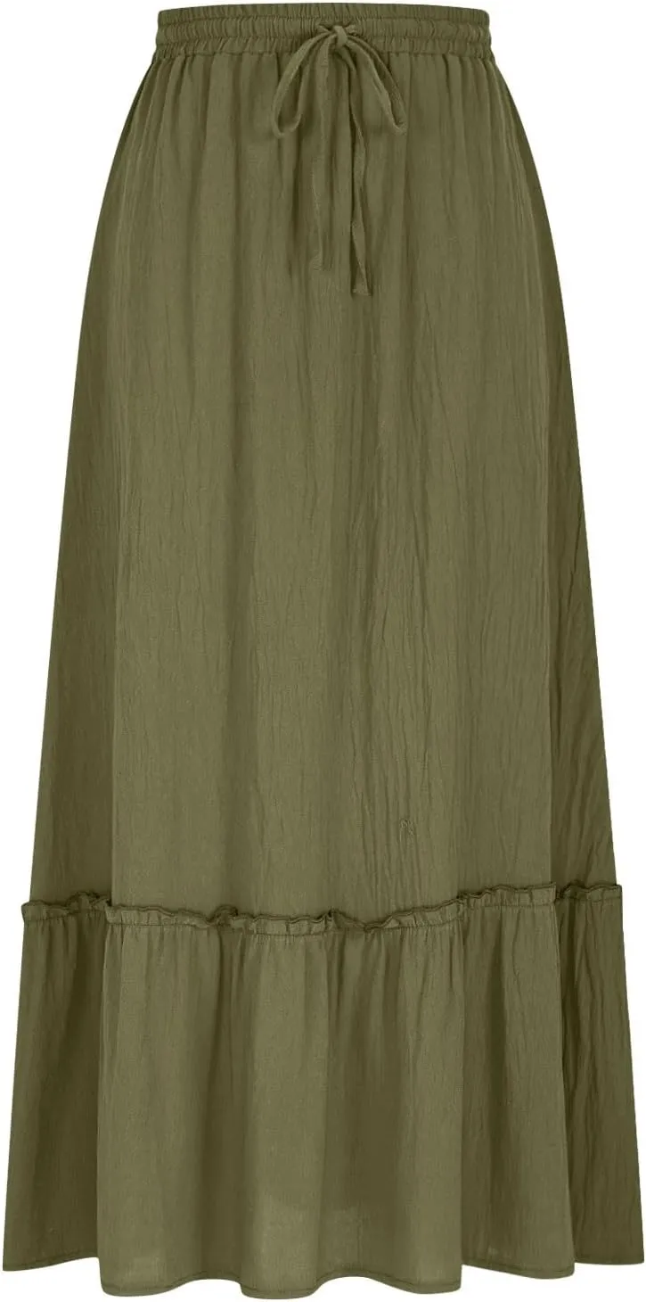 Womens Causal Ruffle Summer Beach Midi Skirts Trendy Elastic High Waisted Flowy A-Line Boho Long Skirt with Pockets