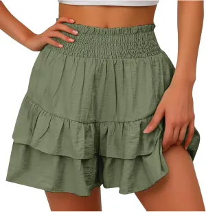 Womens Cotton Linen Bermuda Shorts High Waisted Boho Ruffle Tiered Shorts Loose Pleated Comfy Flowy Summer Pants