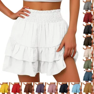 Womens Cotton Linen Bermuda Shorts High Waisted Boho Ruffle Tiered Shorts Loose Pleated Comfy Flowy Summer Pants