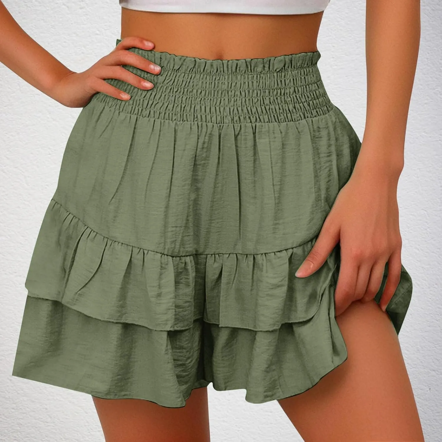 Womens Cotton Linen Bermuda Shorts High Waisted Boho Ruffle Tiered Shorts Loose Pleated Comfy Flowy Summer Pants