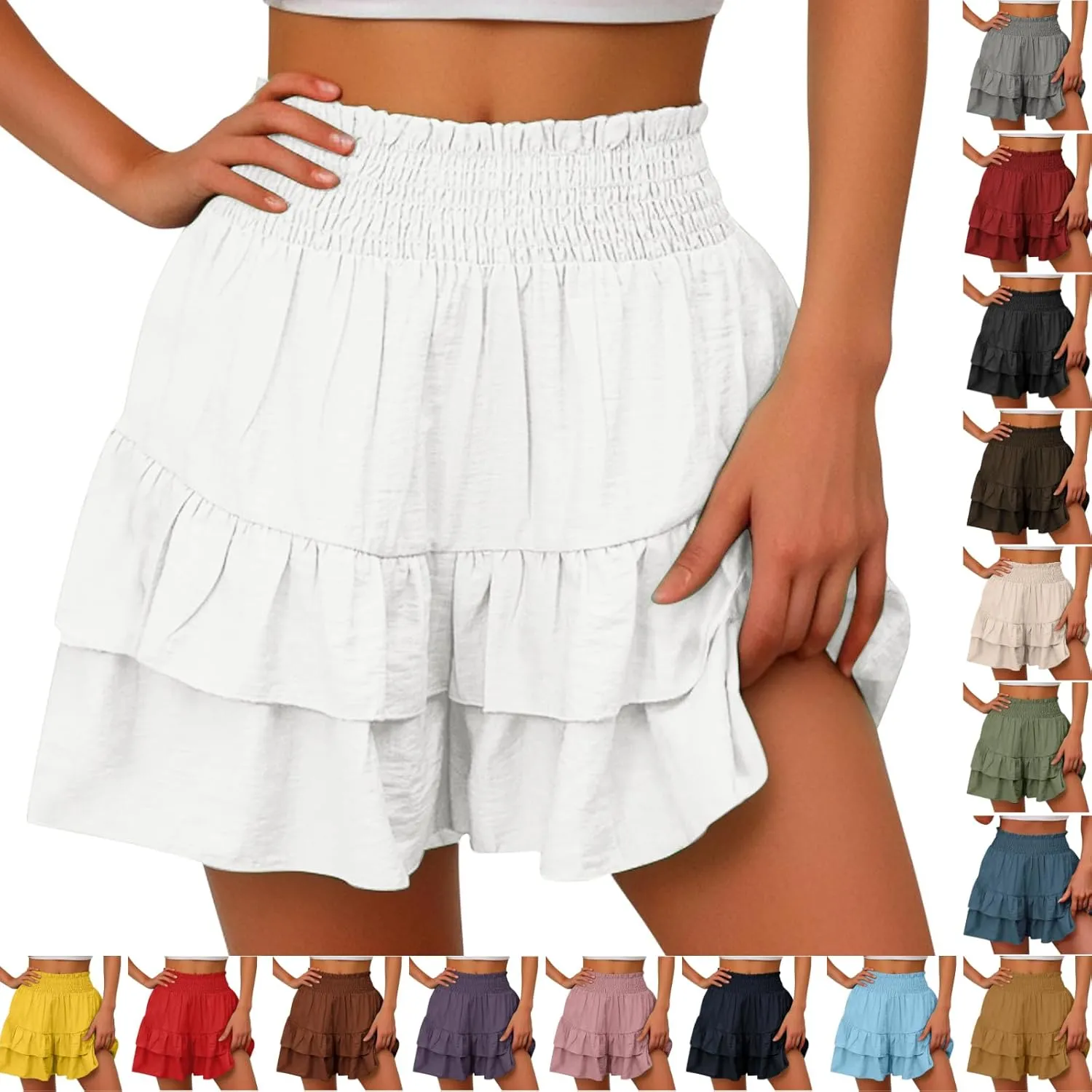 Womens Cotton Linen Bermuda Shorts High Waisted Boho Ruffle Tiered Shorts Loose Pleated Comfy Flowy Summer Pants