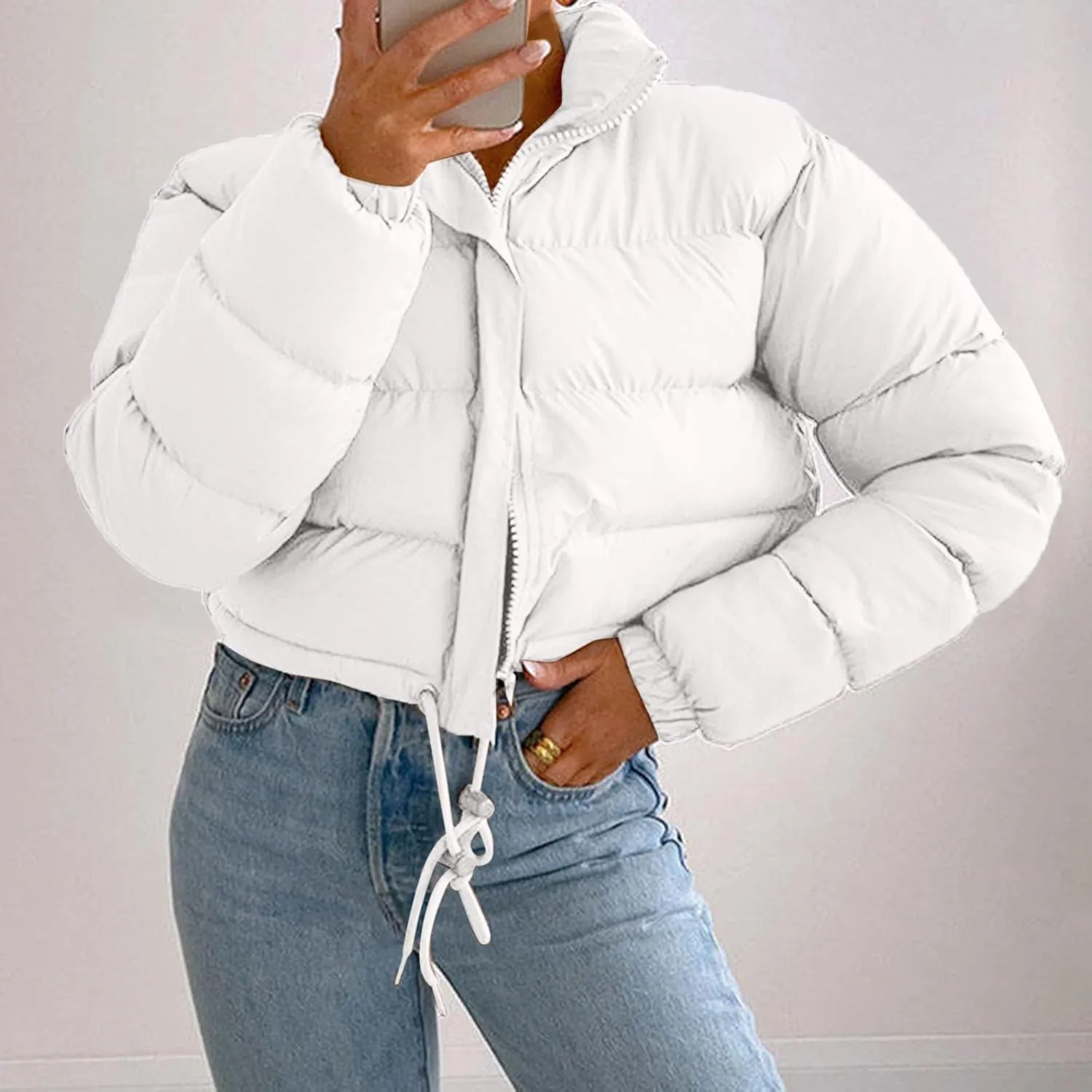 Women's Cropped Down Coats Winter Long Sleeve Zip Puffer Parkas Jacket Baggy Coat Fashion Solid Color Jackets 2023