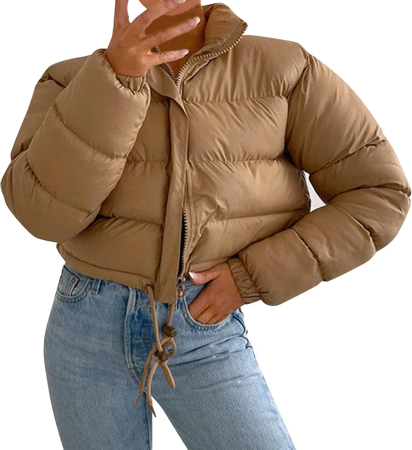 Women's Cropped Down Coats Winter Long Sleeve Zip Puffer Parkas Jacket Baggy Coat Fashion Solid Color Jackets 2023
