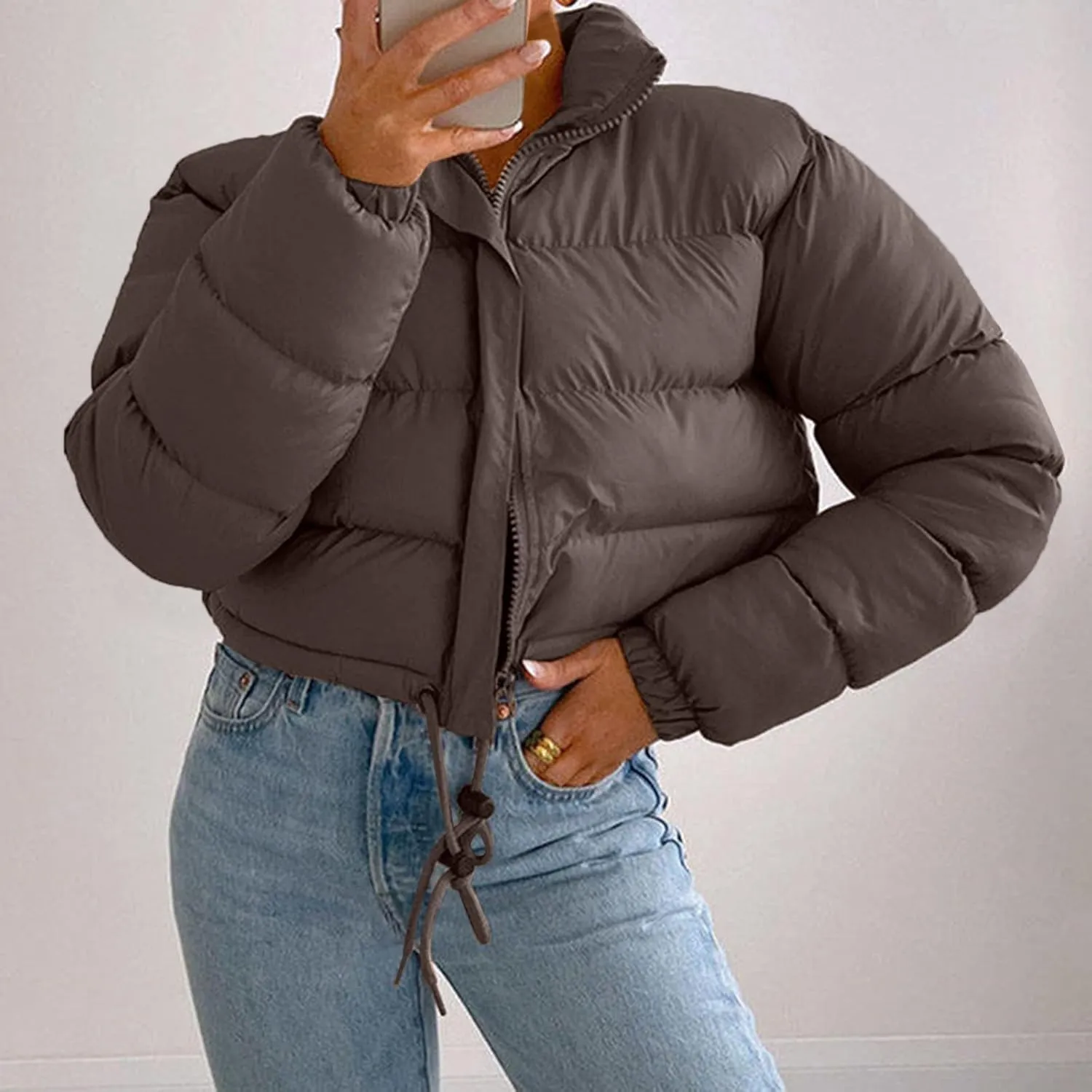 Women's Cropped Down Coats Winter Long Sleeve Zip Puffer Parkas Jacket Baggy Coat Fashion Solid Color Jackets 2023