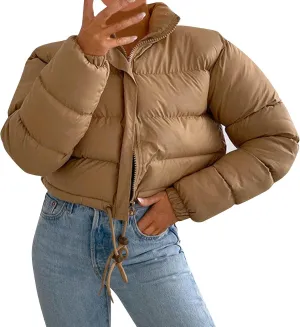 Women's Cropped Down Coats Winter Long Sleeve Zip Puffer Parkas Jacket Baggy Coat Fashion Solid Color Jackets 2023