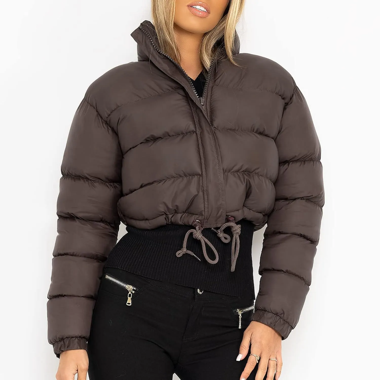 Women's Cropped Down Coats Winter Long Sleeve Zip Puffer Parkas Jacket Baggy Coat Fashion Solid Color Jackets 2023
