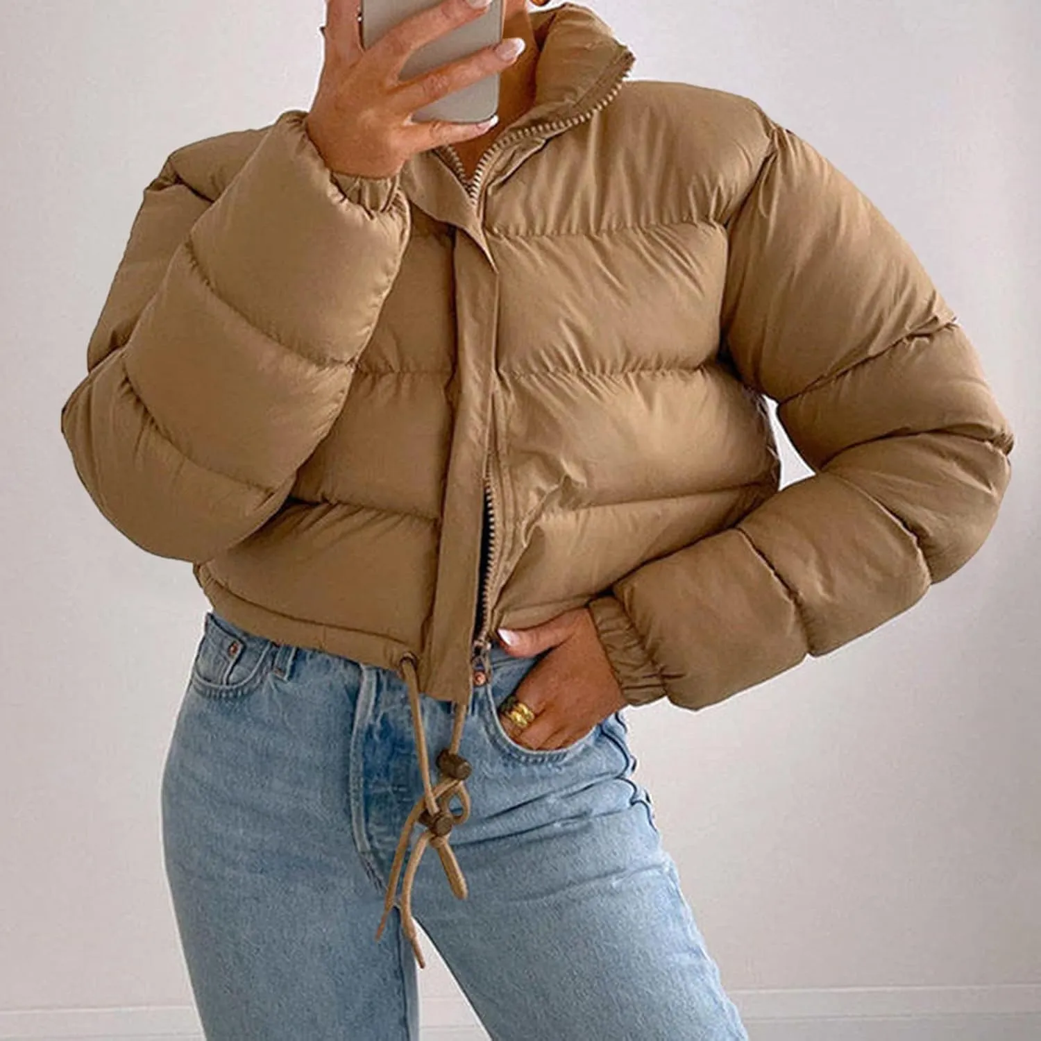 Women's Cropped Down Coats Winter Long Sleeve Zip Puffer Parkas Jacket Baggy Coat Fashion Solid Color Jackets 2023