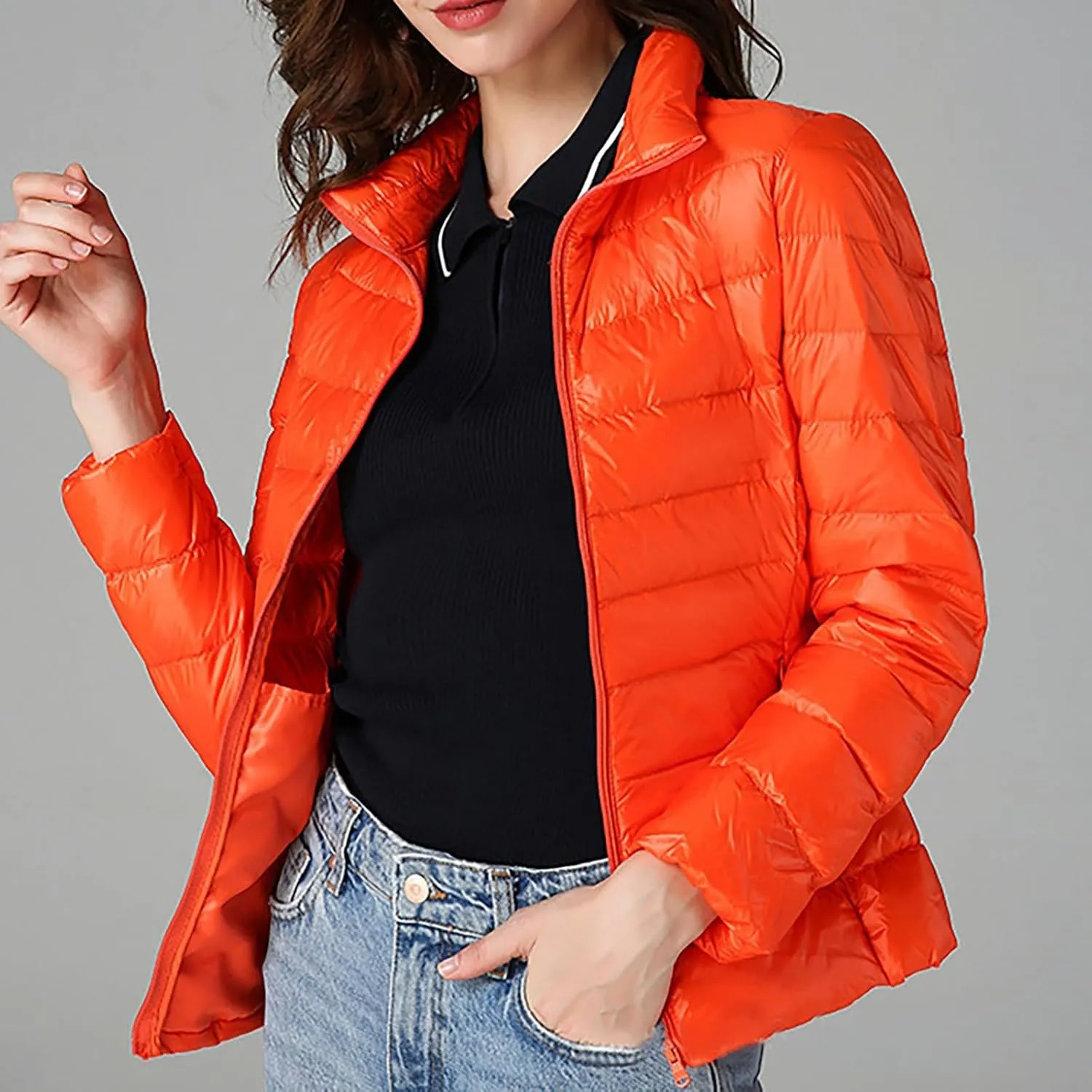 Womens Cropped Packable Puffer Jacket Lightweight Warm Hooded Long Sleeve Down Coat 2024 Winter Outdoor Outing Coats