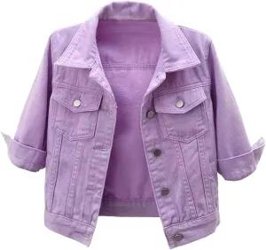 Women's Denim Jacket 3/4 Sleeve Cropped Jackets Lapel Button Down Cardigan Jean Jackets Casual Cute Trucker Coats