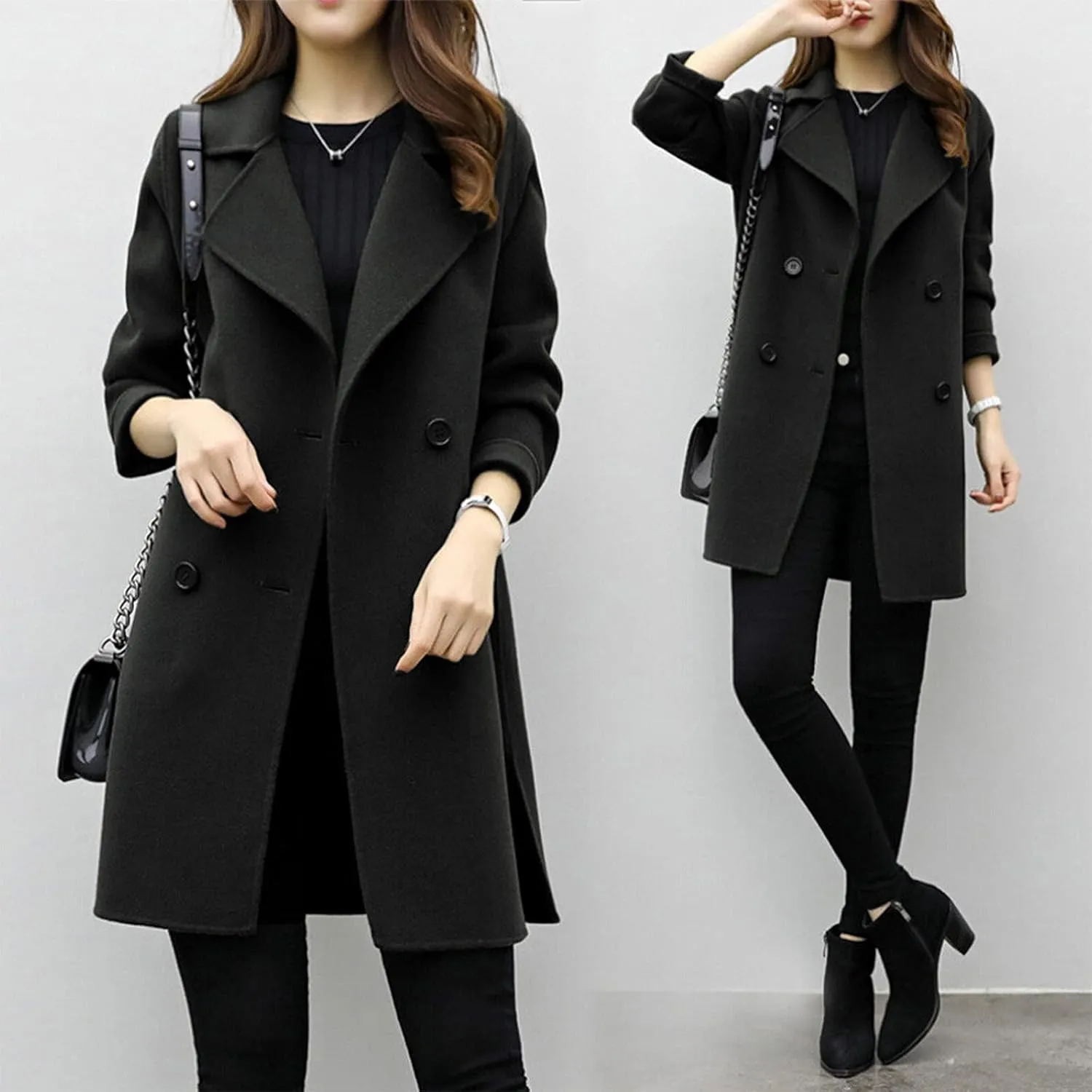 Womens Double Breasted Wool Coats Winter Warm Midi Long Trench Coat Notch Lapel Work Office Jackets Overcoats