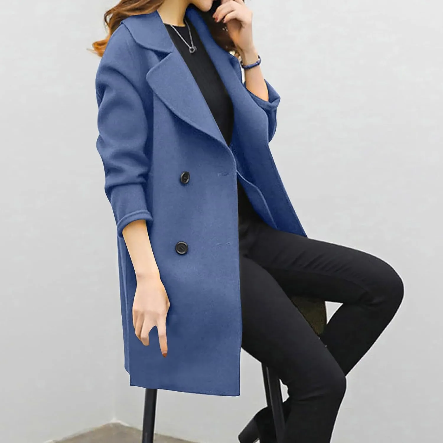 Womens Double Breasted Wool Coats Winter Warm Midi Long Trench Coat Notch Lapel Work Office Jackets Overcoats