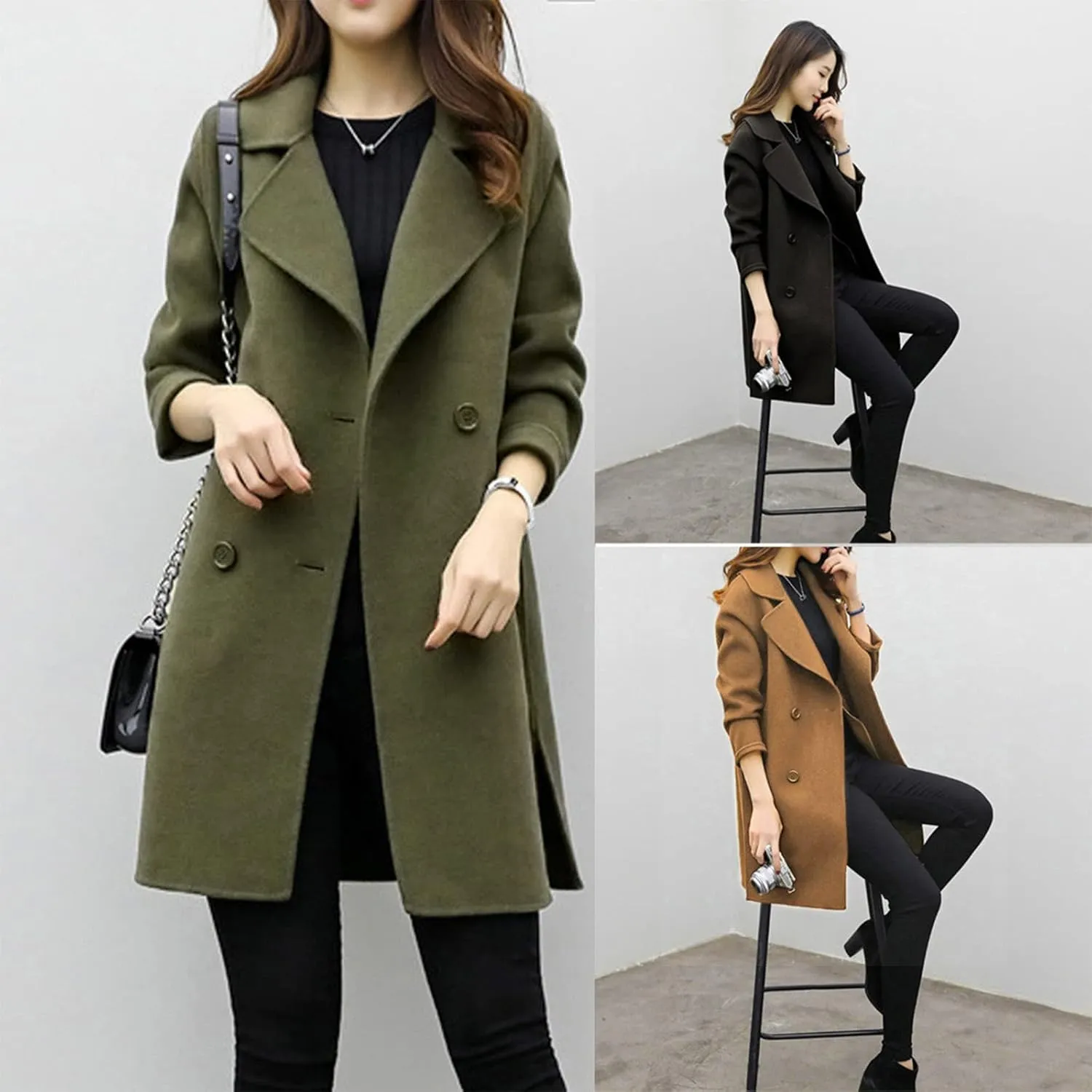 Womens Double Breasted Wool Coats Winter Warm Midi Long Trench Coat Notch Lapel Work Office Jackets Overcoats