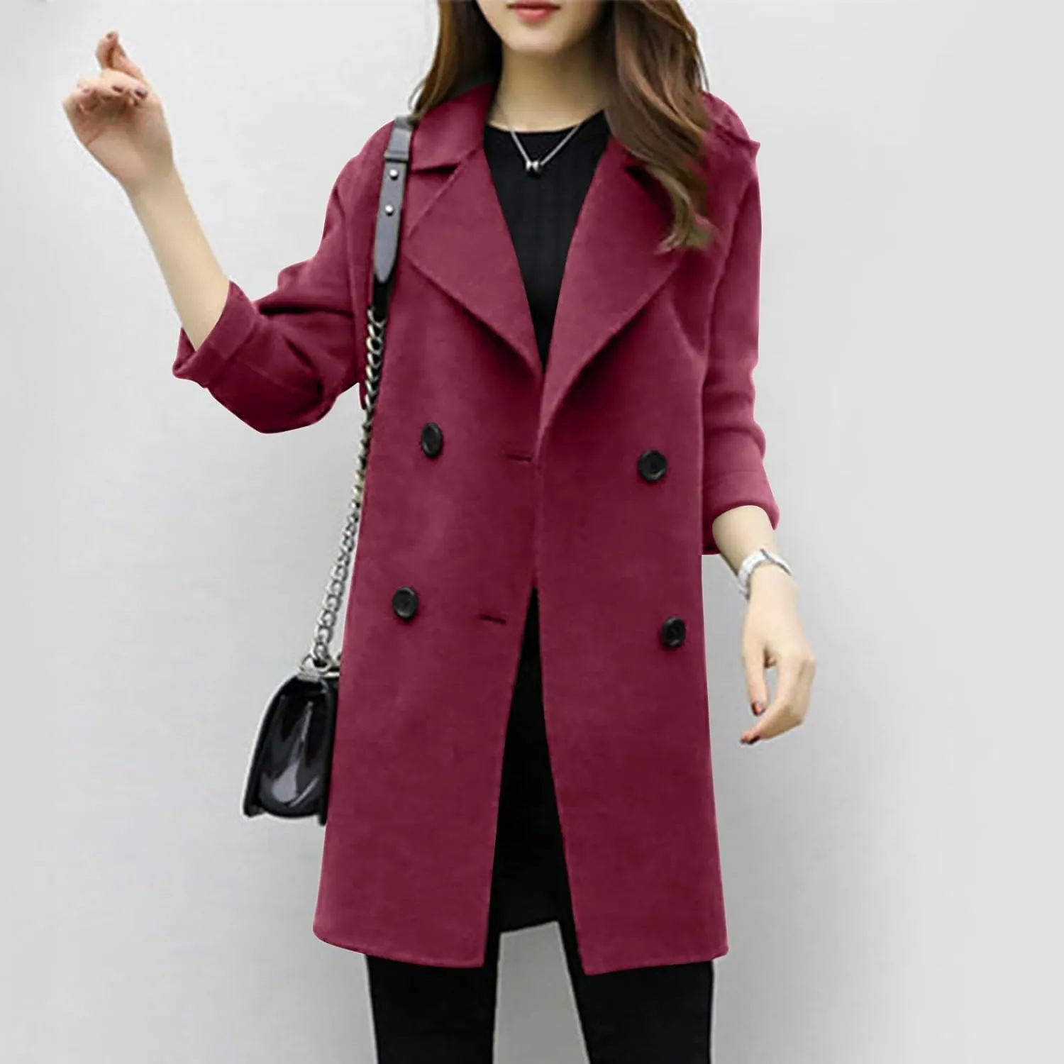 Womens Double Breasted Wool Coats Winter Warm Midi Long Trench Coat Notch Lapel Work Office Jackets Overcoats