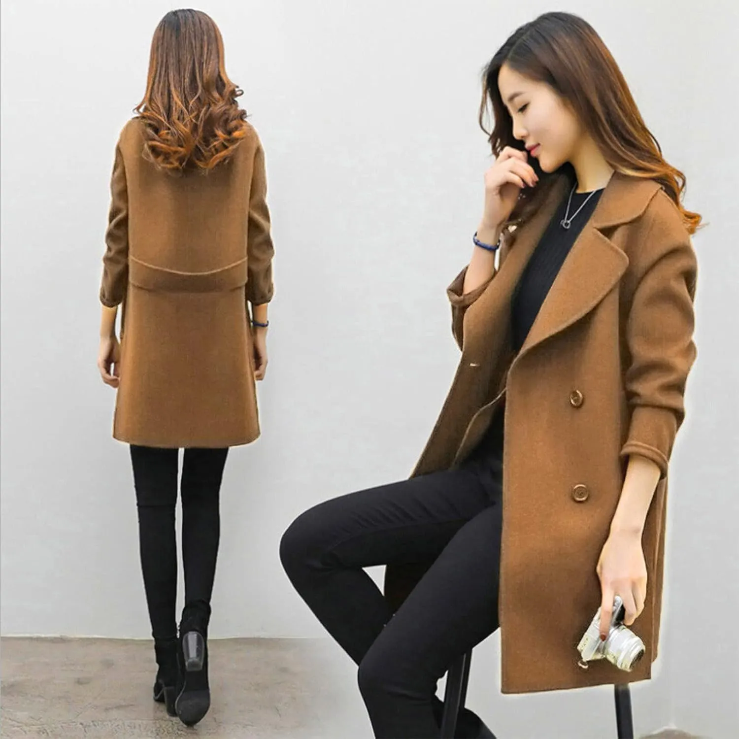 Womens Double Breasted Wool Coats Winter Warm Midi Long Trench Coat Notch Lapel Work Office Jackets Overcoats