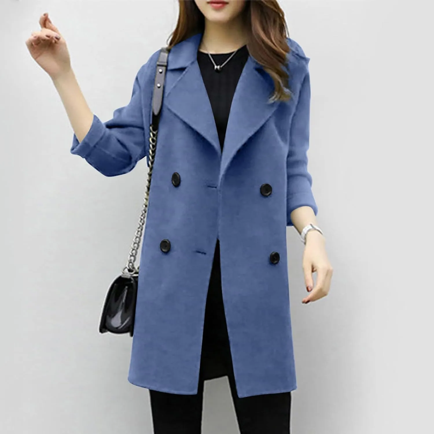 Womens Double Breasted Wool Coats Winter Warm Midi Long Trench Coat Notch Lapel Work Office Jackets Overcoats