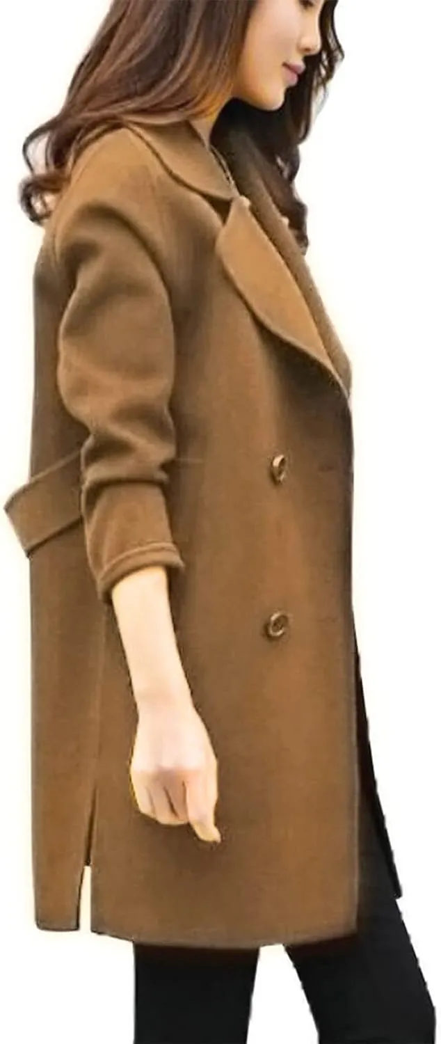 Womens Double Breasted Wool Coats Winter Warm Midi Long Trench Coat Notch Lapel Work Office Jackets Overcoats