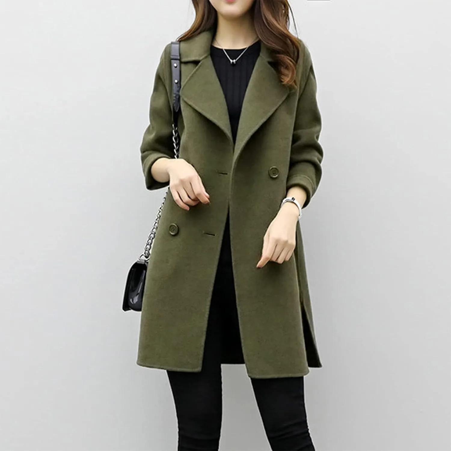 Womens Double Breasted Wool Coats Winter Warm Midi Long Trench Coat Notch Lapel Work Office Jackets Overcoats