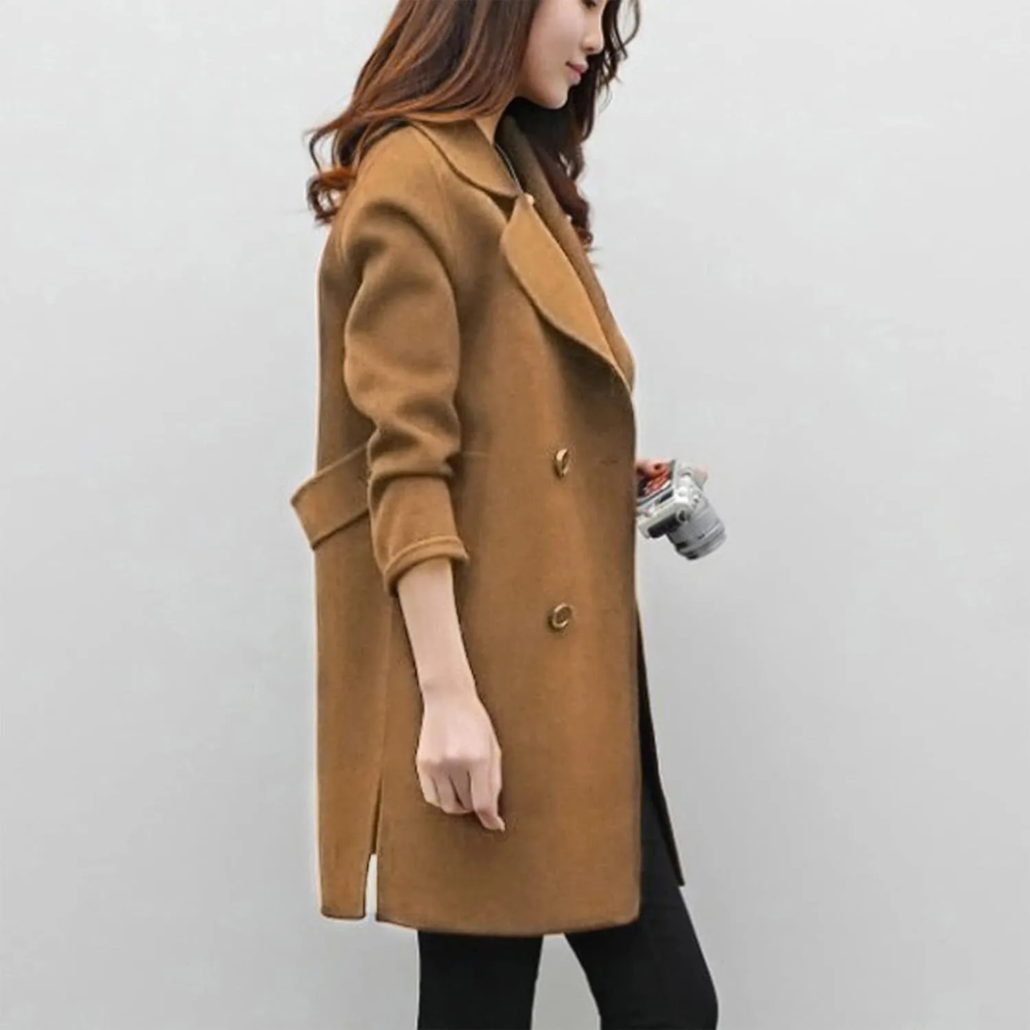 Womens Double Breasted Wool Coats Winter Warm Midi Long Trench Coat Notch Lapel Work Office Jackets Overcoats
