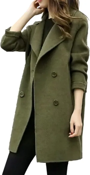 Womens Double Breasted Wool Coats Winter Warm Midi Long Trench Coat Notch Lapel Work Office Jackets Overcoats