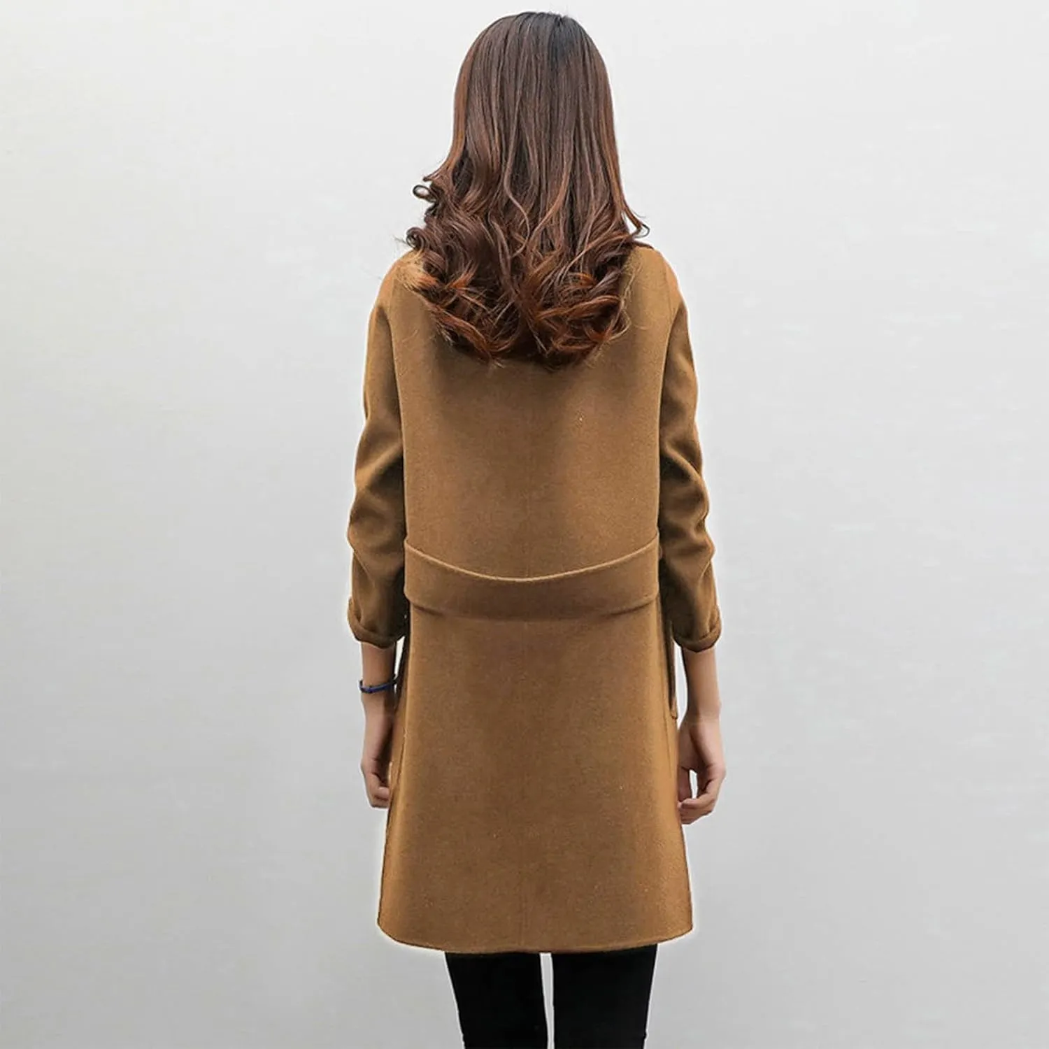 Womens Double Breasted Wool Coats Winter Warm Midi Long Trench Coat Notch Lapel Work Office Jackets Overcoats