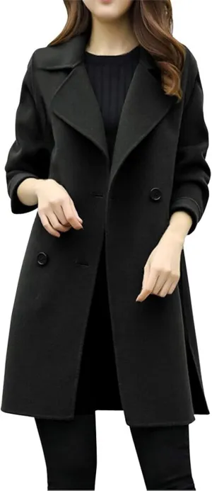 Womens Double Breasted Wool Coats Winter Warm Midi Long Trench Coat Notch Lapel Work Office Jackets Overcoats