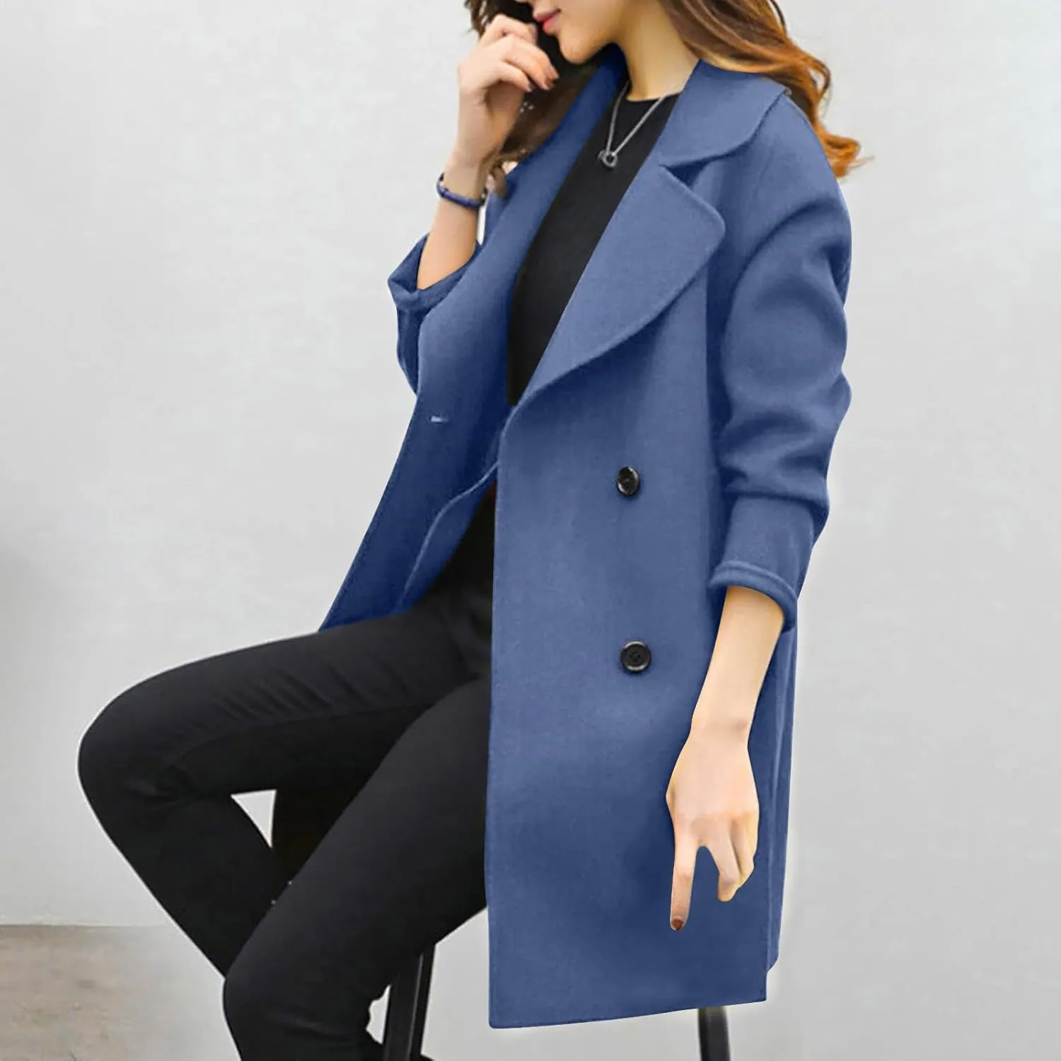 Womens Double Breasted Wool Coats Winter Warm Midi Long Trench Coat Notch Lapel Work Office Jackets Overcoats