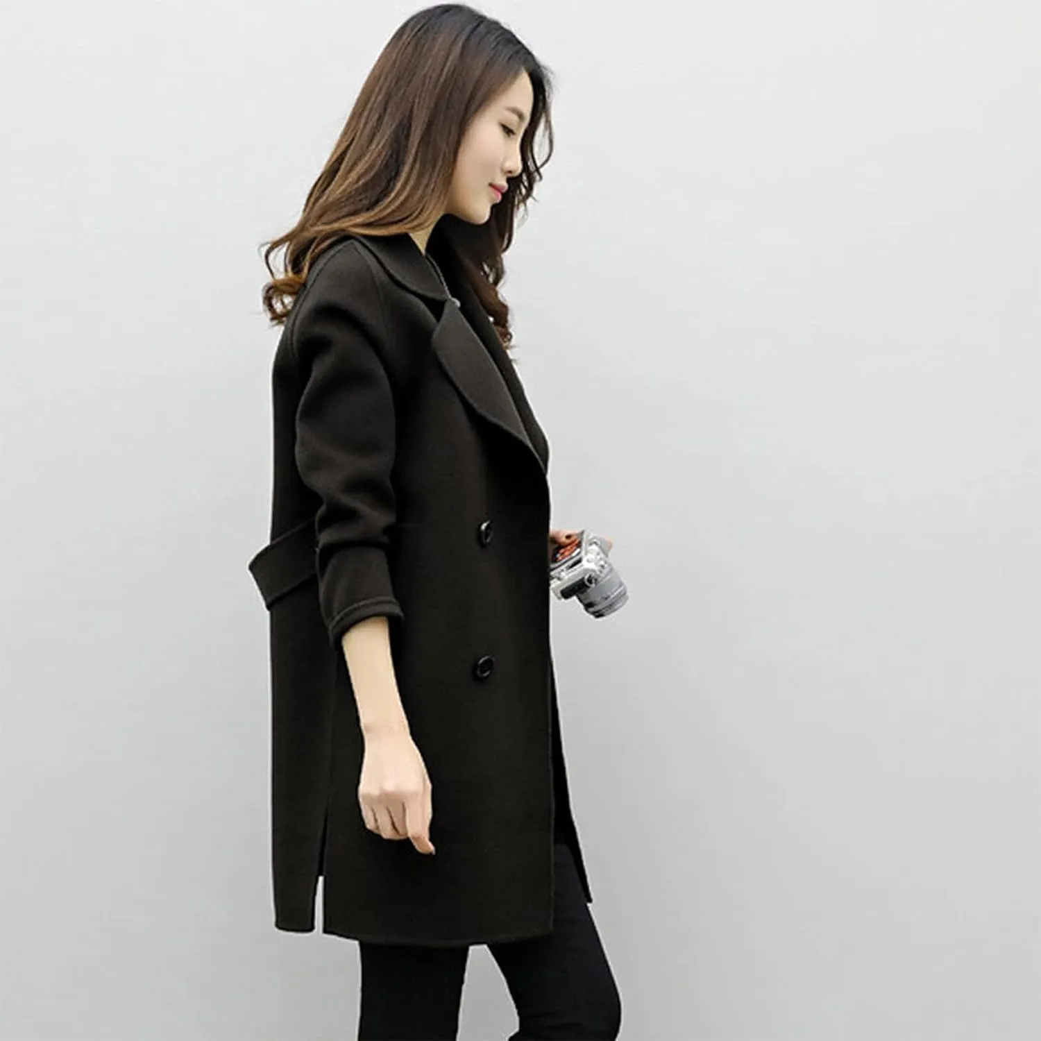 Womens Double Breasted Wool Coats Winter Warm Midi Long Trench Coat Notch Lapel Work Office Jackets Overcoats