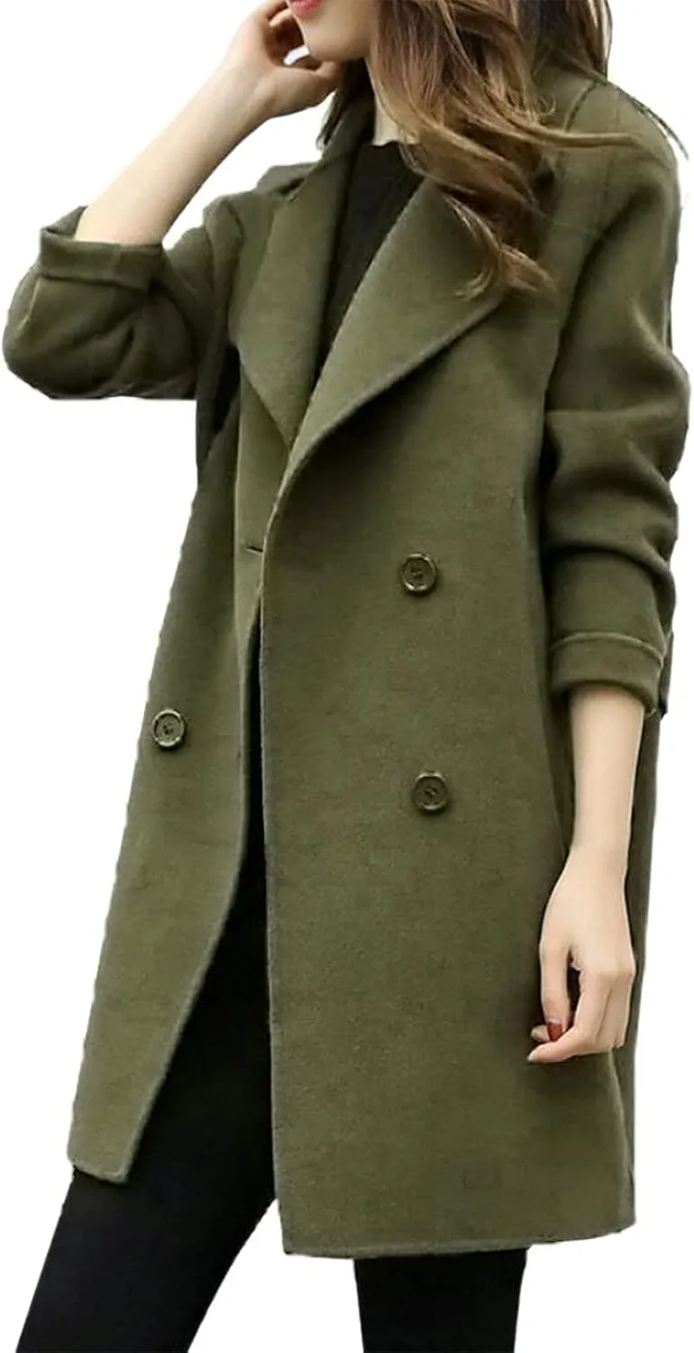 Womens Double Breasted Wool Coats Winter Warm Midi Long Trench Coat Notch Lapel Work Office Jackets Overcoats