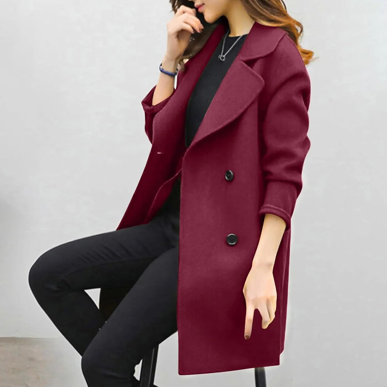 Womens Double Breasted Wool Coats Winter Warm Midi Long Trench Coat Notch Lapel Work Office Jackets Overcoats