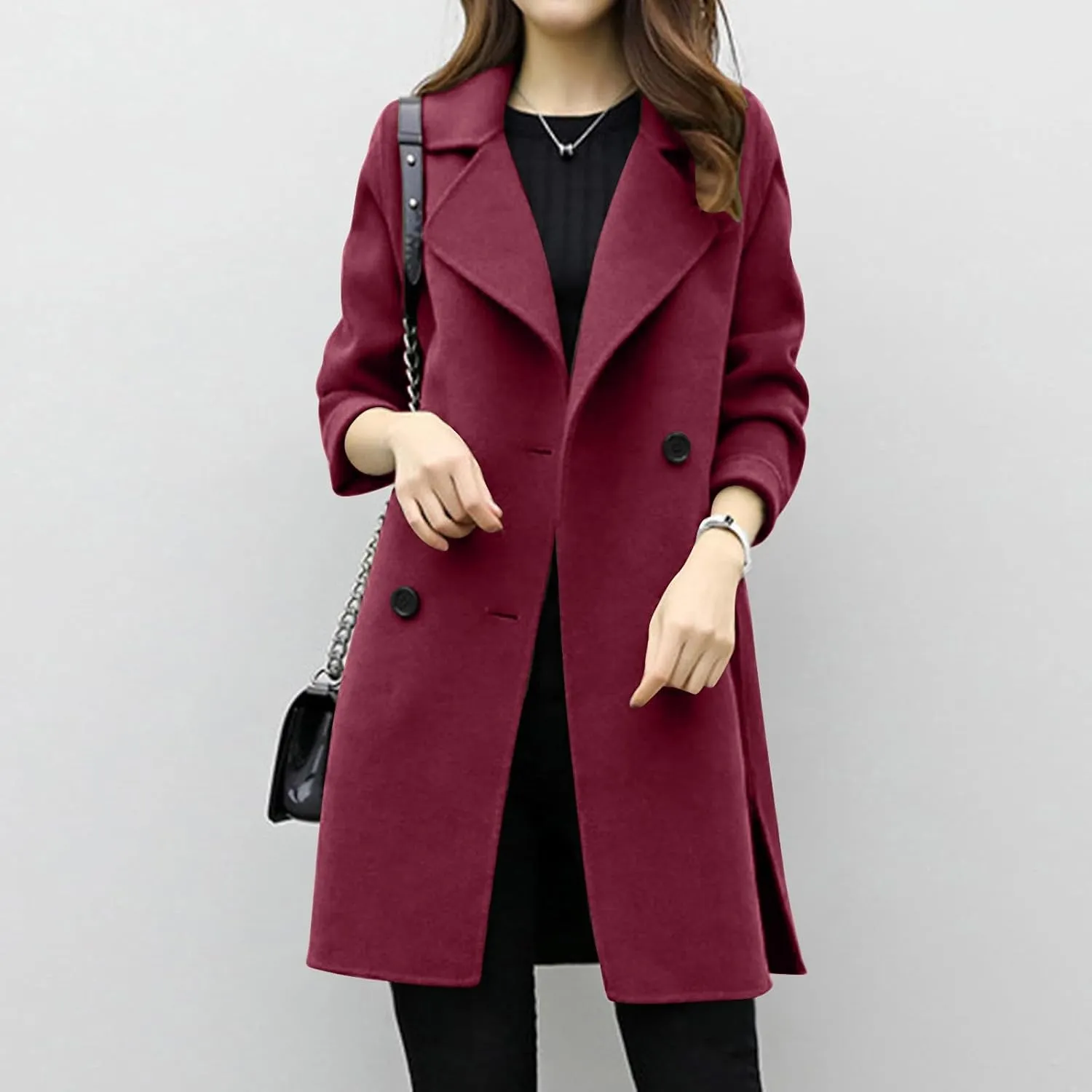 Womens Double Breasted Wool Coats Winter Warm Midi Long Trench Coat Notch Lapel Work Office Jackets Overcoats