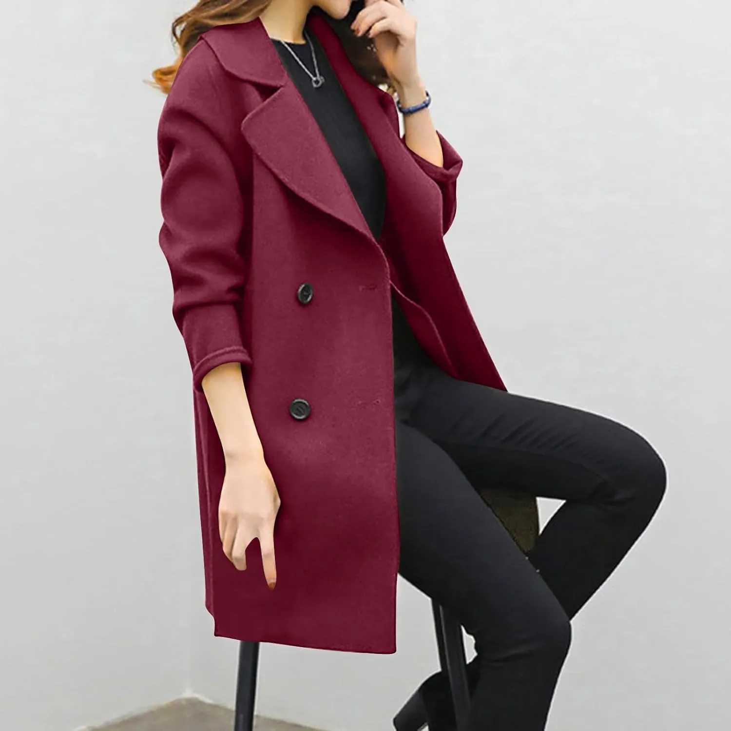 Womens Double Breasted Wool Coats Winter Warm Midi Long Trench Coat Notch Lapel Work Office Jackets Overcoats
