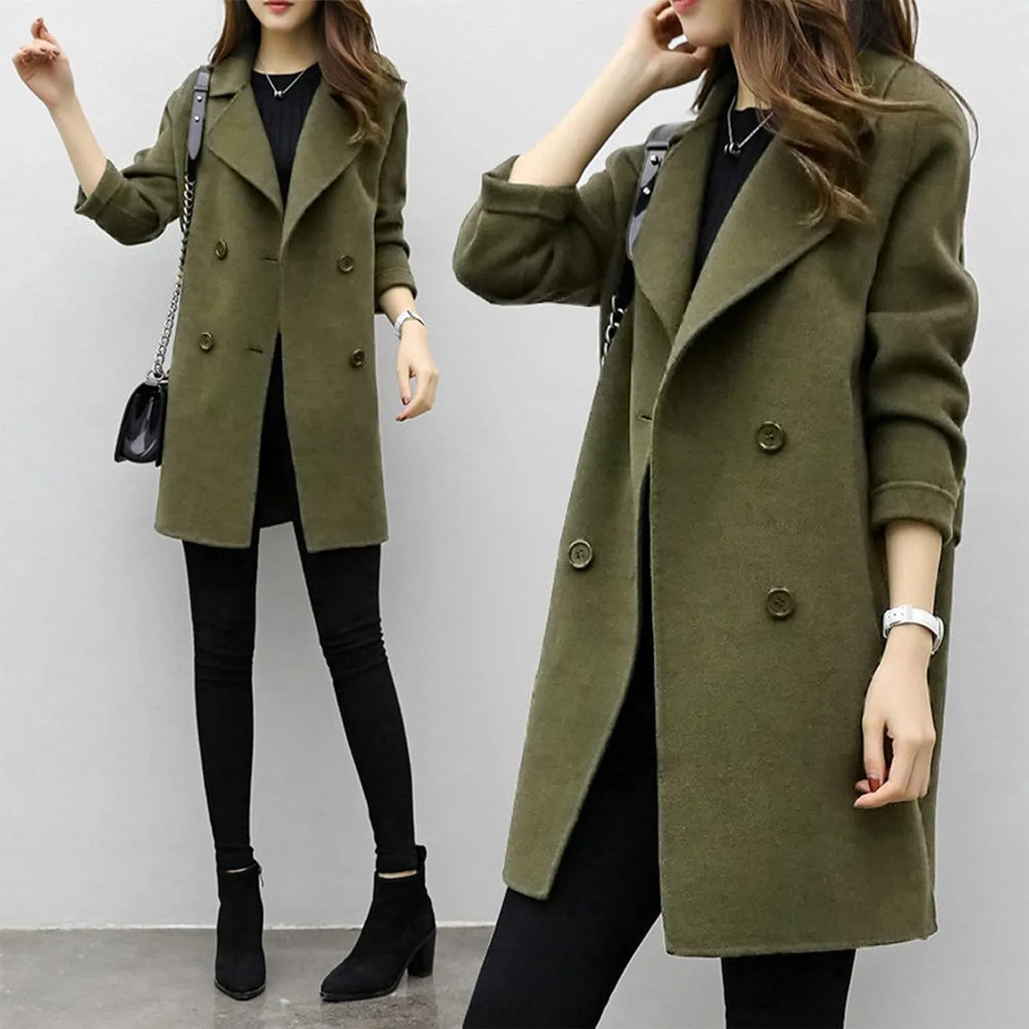 Womens Double Breasted Wool Coats Winter Warm Midi Long Trench Coat Notch Lapel Work Office Jackets Overcoats
