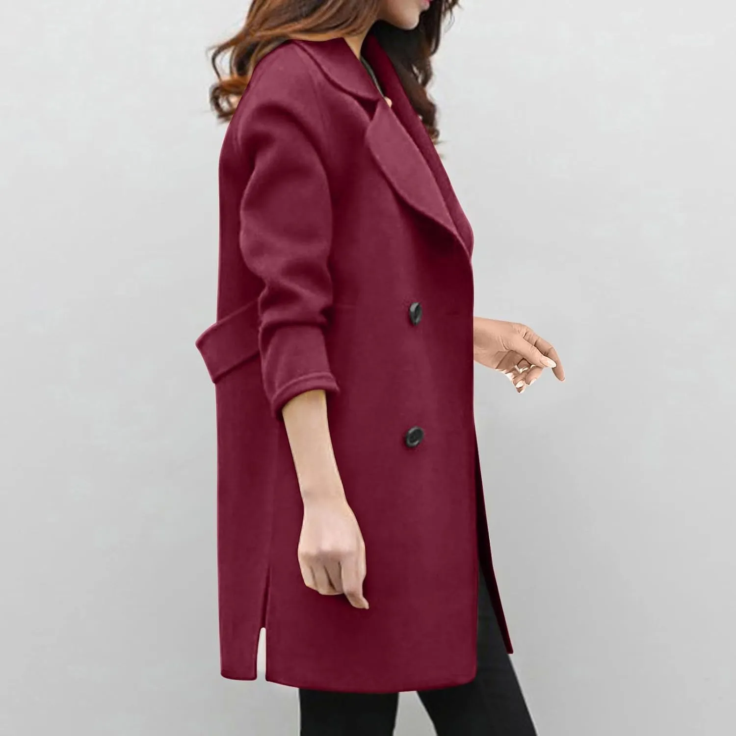 Womens Double Breasted Wool Coats Winter Warm Midi Long Trench Coat Notch Lapel Work Office Jackets Overcoats