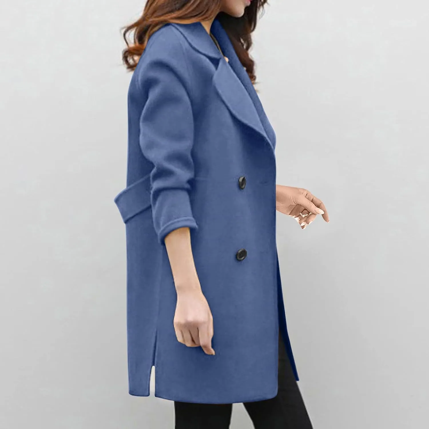 Womens Double Breasted Wool Coats Winter Warm Midi Long Trench Coat Notch Lapel Work Office Jackets Overcoats