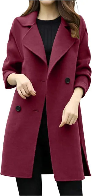Womens Double Breasted Wool Coats Winter Warm Midi Long Trench Coat Notch Lapel Work Office Jackets Overcoats