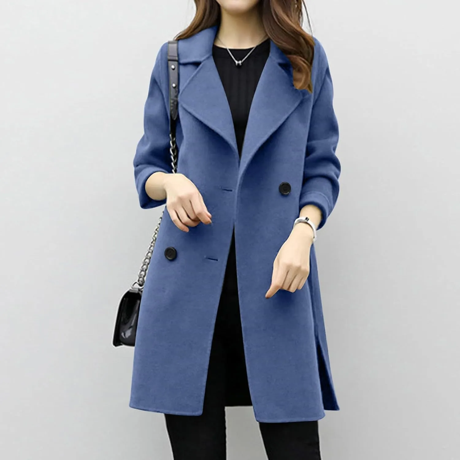 Womens Double Breasted Wool Coats Winter Warm Midi Long Trench Coat Notch Lapel Work Office Jackets Overcoats