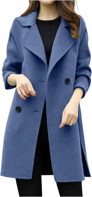 Womens Double Breasted Wool Coats Winter Warm Midi Long Trench Coat Notch Lapel Work Office Jackets Overcoats