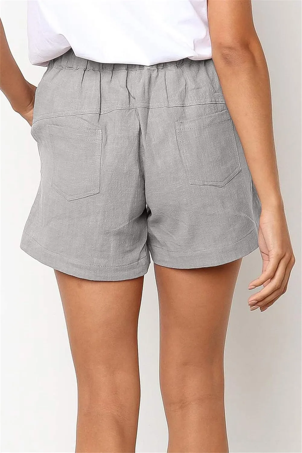 Women's Drawstring Elastic Waist Shorts Summer Wide Leg Beach Cotton Linen Shorts with Pockets