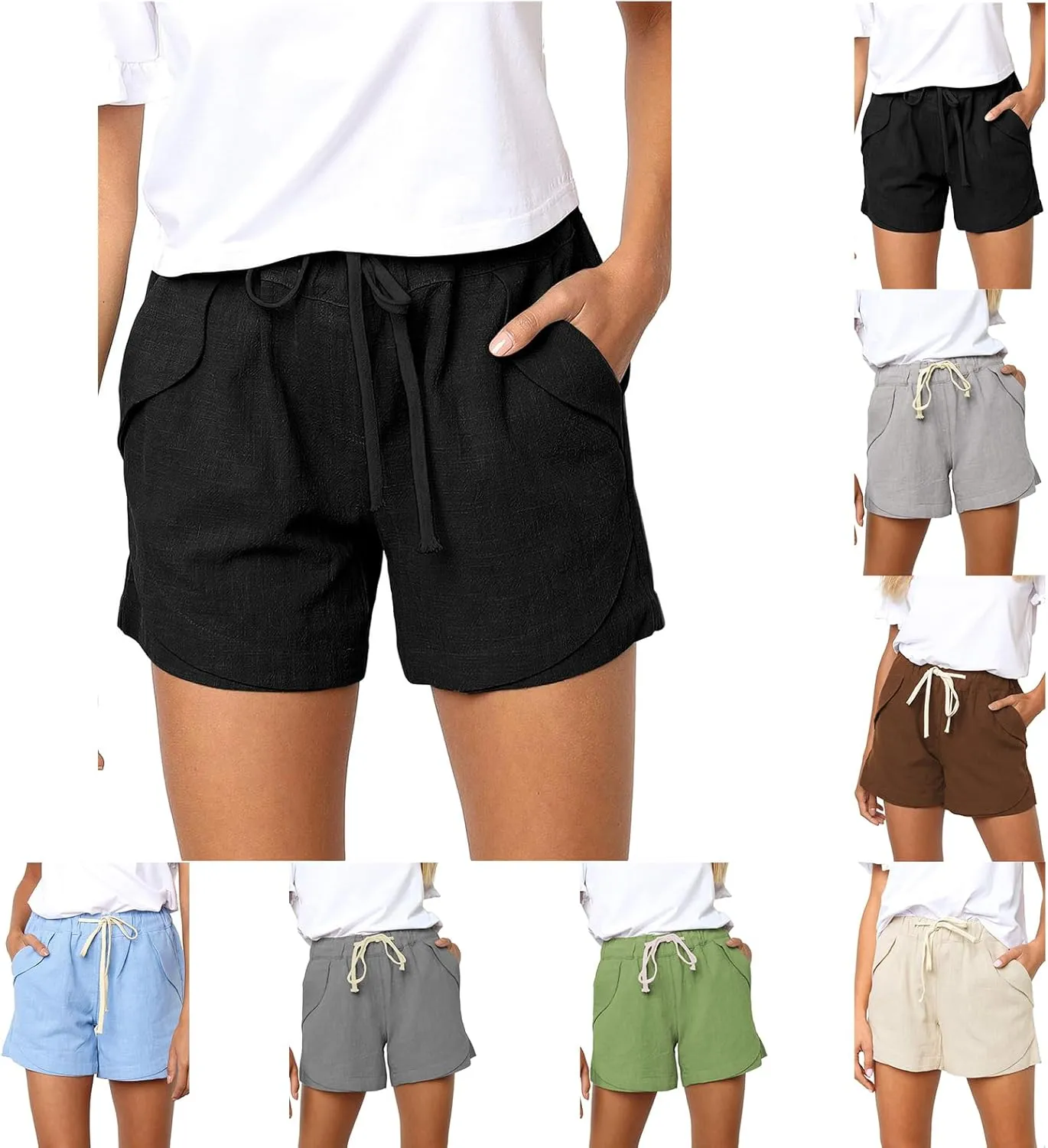 Women's Drawstring Elastic Waist Shorts Summer Wide Leg Beach Cotton Linen Shorts with Pockets