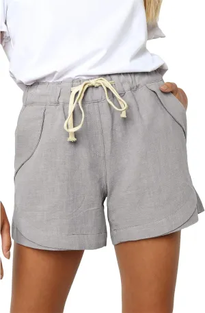 Women's Drawstring Elastic Waist Shorts Summer Wide Leg Beach Cotton Linen Shorts with Pockets
